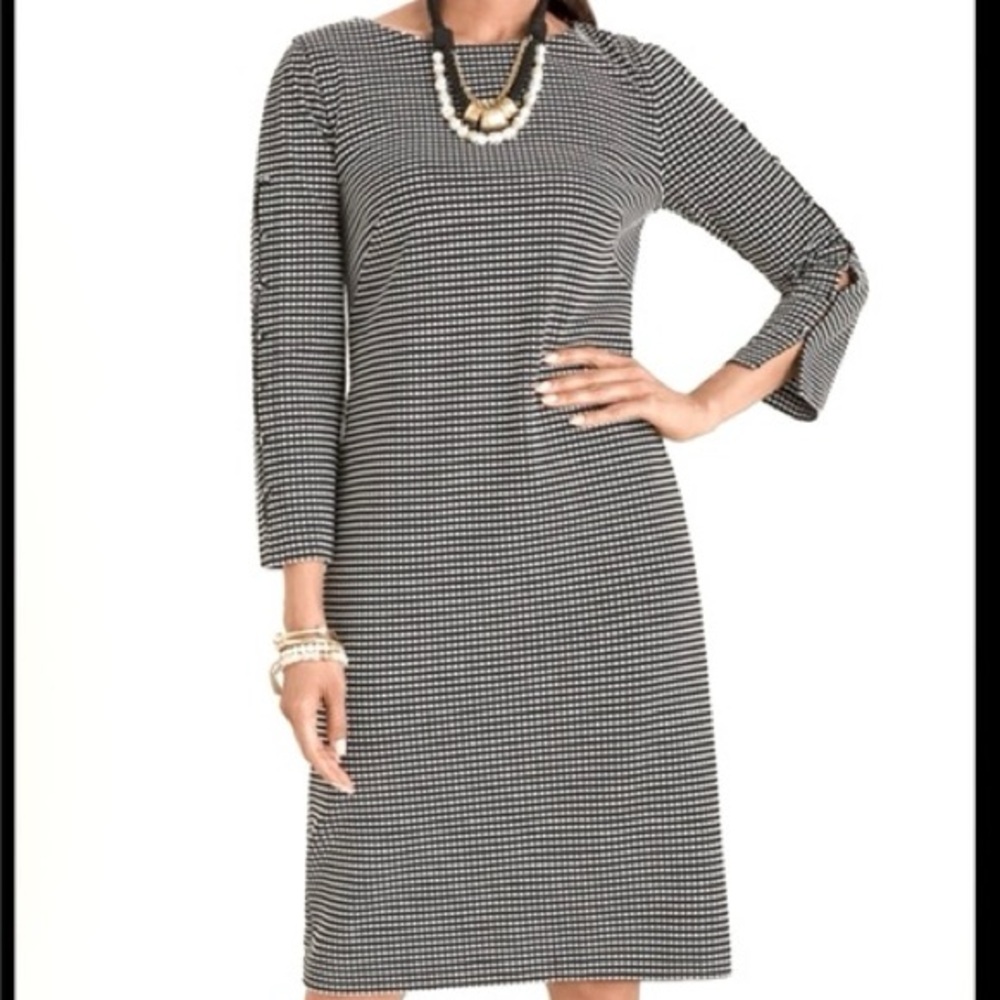 Chico’s Jacquard Shift Dress Black White Lined 3/4 Sleeves Women’s Size 10